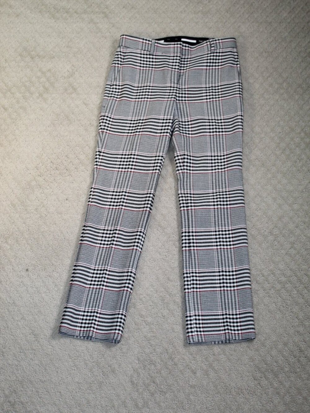 Ann Taylor The Sophia Size 0P Mid Rise Straight Leg Black White Red Plaid Pants